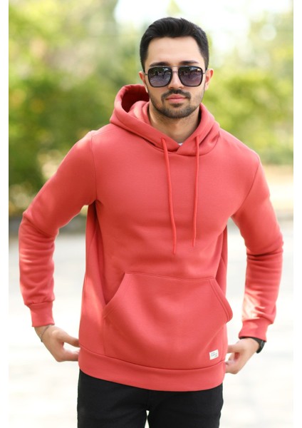 Kiremit Rengi Erkek Kapüşonlu Sweatshirt Kanguru Cepli Pamuk Karışımlı Oversize Hoodie - 5281