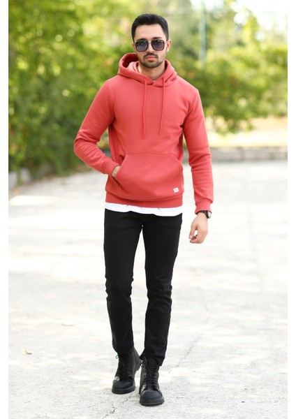Kiremit Rengi Erkek Kapüşonlu Sweatshirt Kanguru Cepli Pamuk Karışımlı Oversize Hoodie - 5281