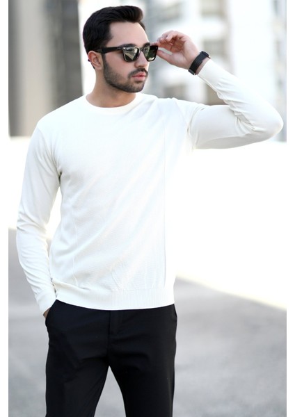 Erkek Pirinç Örgü Kazak Beyaz O Yaka Ribanalı %100 Mikro Flament Triko - 1007