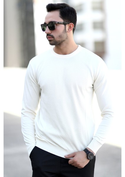 Erkek Pirinç Örgü Kazak Beyaz O Yaka Ribanalı %100 Mikro Flament Triko - 1007 fırsatları