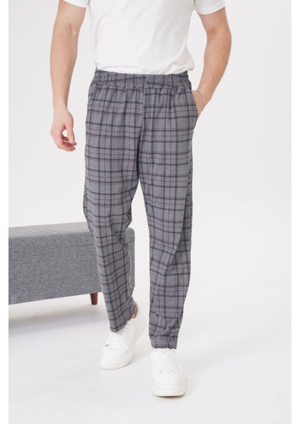 Erkek Pamuklu Cepli Ekose Baskılı Beli Lastikli Pijama Altı Eşofman Gri