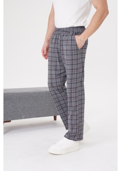 Erkek Pamuklu Cepli Ekose Baskılı Beli Lastikli Pijama Altı Eşofman Gri