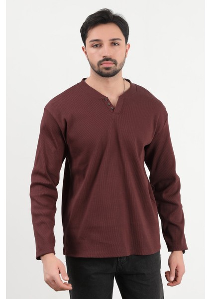 Erkek V Yaka Düğme Detaylı Dokulu Sweatshirt Bordo - 5524