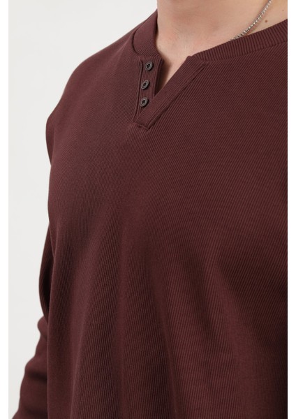Erkek V Yaka Düğme Detaylı Dokulu Sweatshirt Bordo - 5524 fiyatları