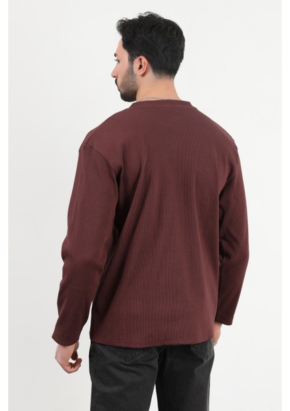 Erkek V Yaka Düğme Detaylı Dokulu Sweatshirt Bordo - 5524 fırsatları