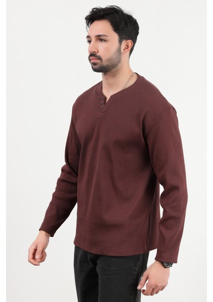 Erkek V Yaka Düğme Detaylı Dokulu Sweatshirt Bordo - 5524 indirimleri