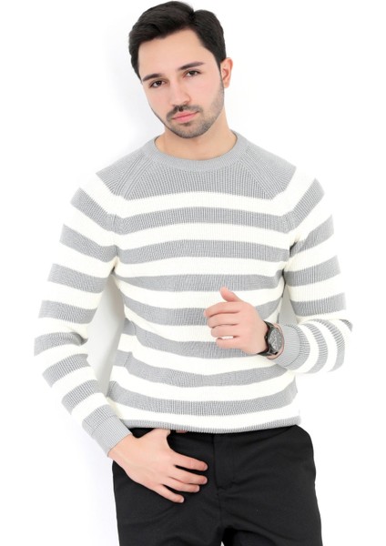 Erkek Triko Kazak Gri Çizgili Selanik Bisiklet Yaka Ribanalı - 2008