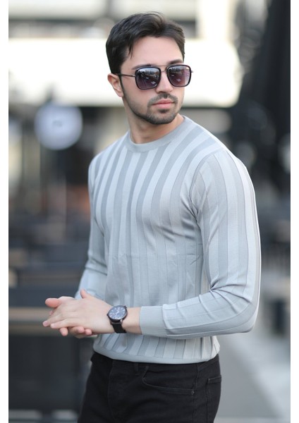 Erkek Bisiklet Yaka Fitilli %100 Mikro Flament Triko Gri - 1006