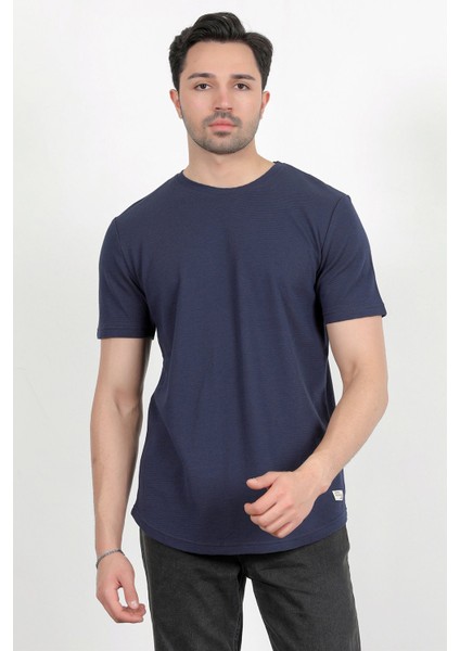 Erkek Bisiklet Yaka Etiket Detaylı Dokulu T-Shirt Lacivert - 2743 fiyatları