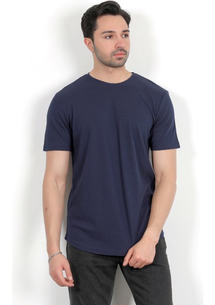 Erkek Bisiklet Yaka Etiket Detaylı Dokulu T-Shirt Lacivert - 2743 modelleri