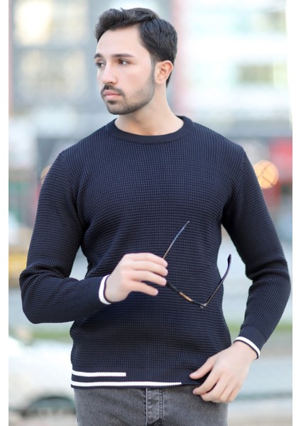 Erkek Triko Kazak Lacivert Bisiklet Yaka Örgü Desen Ribana Çizgi Detaylı - 2006