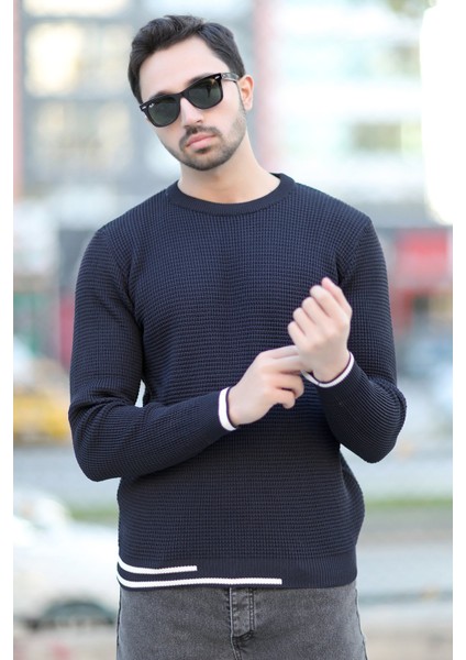 Erkek Triko Kazak Lacivert Bisiklet Yaka Örgü Desen Ribana Çizgi Detaylı - 2006 fiyatları