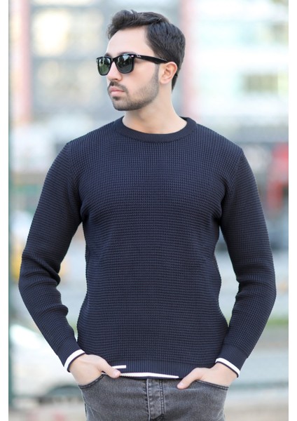 Erkek Triko Kazak Lacivert Bisiklet Yaka Örgü Desen Ribana Çizgi Detaylı - 2006 modelleri