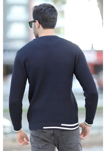 Erkek Triko Kazak Lacivert Bisiklet Yaka Örgü Desen Ribana Çizgi Detaylı - 2006 fırsatları