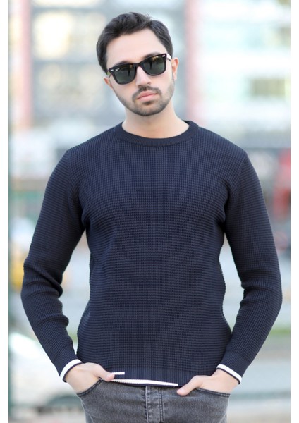 Erkek Triko Kazak Lacivert Bisiklet Yaka Örgü Desen Ribana Çizgi Detaylı - 2006 indirimleri