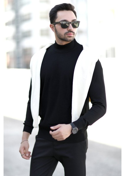 Erkek Yarım Balıkçı Yaka Kazak Siyah Pirinç Örgü %100 Mikro Flament Ribanalı - 1047