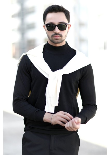 Erkek Yarım Balıkçı Yaka Kazak Siyah Pirinç Örgü %100 Mikro Flament Ribanalı - 1047 fiyatları