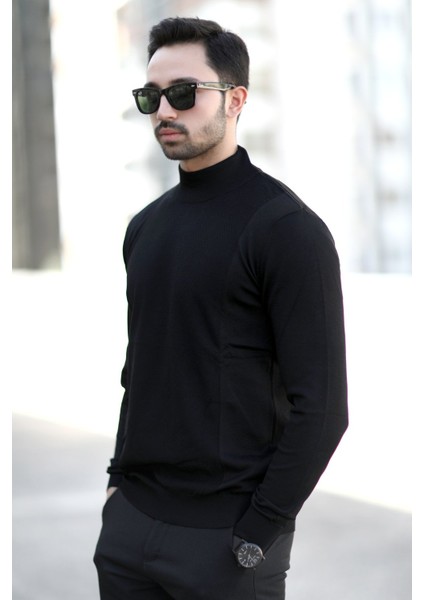 Erkek Yarım Balıkçı Yaka Kazak Siyah Pirinç Örgü %100 Mikro Flament Ribanalı - 1047 modelleri