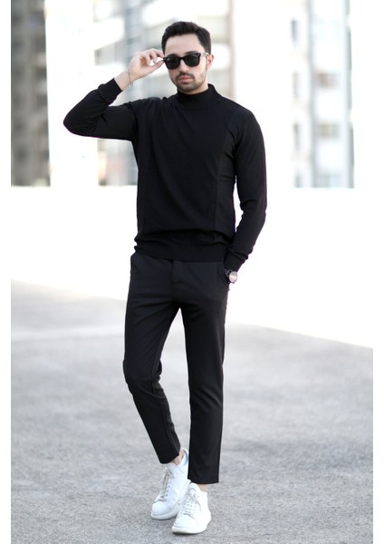 Erkek Yarım Balıkçı Yaka Kazak Siyah Pirinç Örgü %100 Mikro Flament Ribanalı - 1047 indirimleri