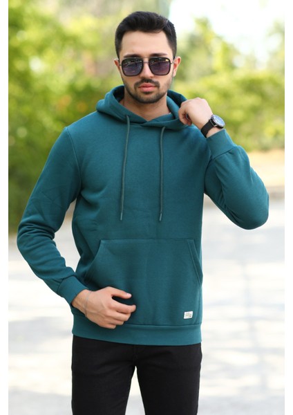 Koyu Yeşil Rengi Erkek Kapüşonlu Sweatshirt Kanguru Cepli Pamuk Karışımlı Oversize Hoodie - 5281