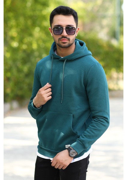 Koyu Yeşil Rengi Erkek Kapüşonlu Sweatshirt Kanguru Cepli Pamuk Karışımlı Oversize Hoodie - 5281 fiyatları