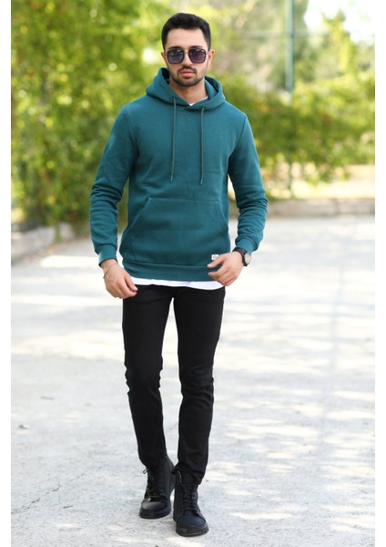 Koyu Yeşil Rengi Erkek Kapüşonlu Sweatshirt Kanguru Cepli Pamuk Karışımlı Oversize Hoodie - 5281 indirimleri