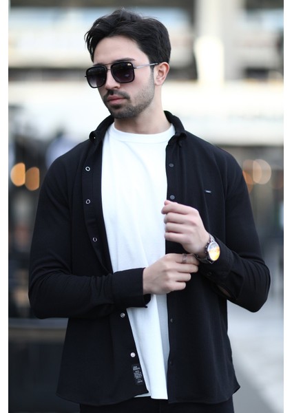 Erkek Çıtçıt Kapamalı Dokulu Örme Gömlek Siyah - 16788