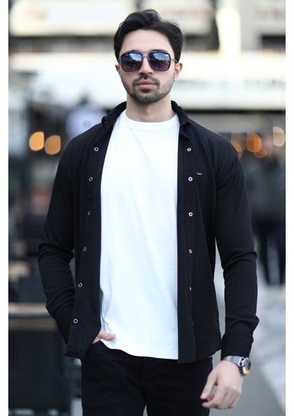 Erkek Çıtçıt Kapamalı Dokulu Örme Gömlek Siyah - 16788 fiyatları