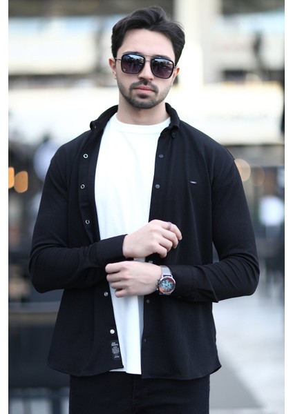 Erkek Çıtçıt Kapamalı Dokulu Örme Gömlek Siyah - 16788 fırsatları