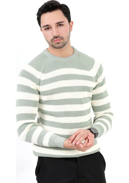 Erkek Triko Kazak Çağla Çizgili Selanik Bisiklet Yaka Ribanalı - 2008