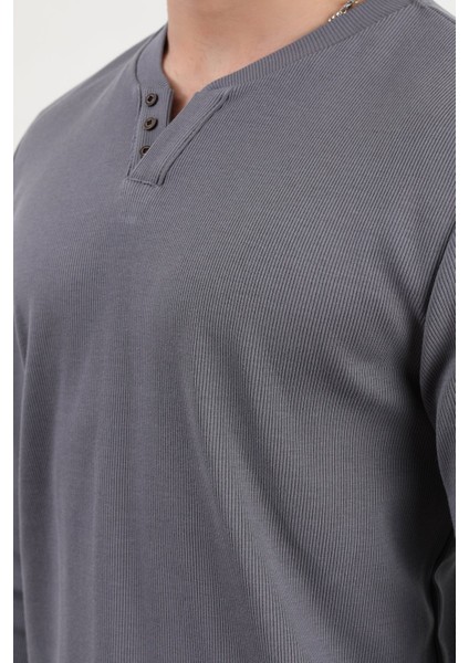 Erkek V Yaka Düğme Detaylı Dokulu Sweatshirt Antrasit - 5524 fiyatları