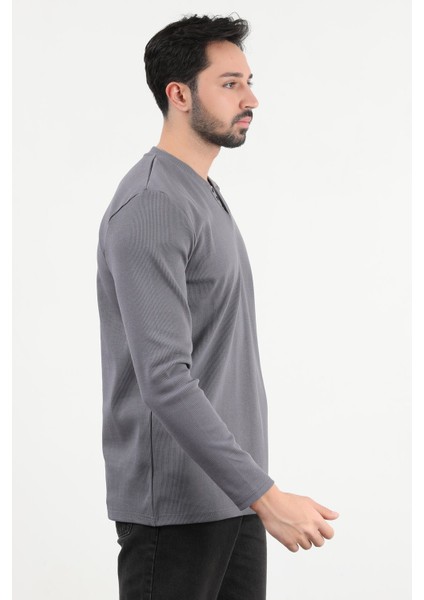 Erkek V Yaka Düğme Detaylı Dokulu Sweatshirt Antrasit - 5524 indirimleri