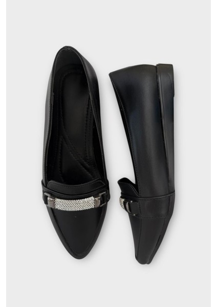 Kadın Taş Detay Sivri Burun Babet Ayakkabı SİYAH modelleri