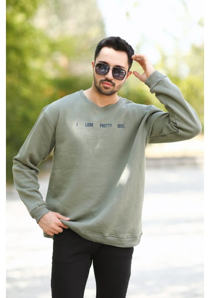 Erkek Oversize Sweatshirt Yeşil 3 Iplik Baskılı Bisiklet Yaka Ribanalı Pamuk Karışım - 10018