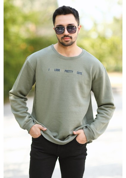 Erkek Oversize Sweatshirt Yeşil 3 Iplik Baskılı Bisiklet Yaka Ribanalı Pamuk Karışım - 10018