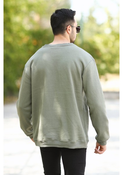 Erkek Oversize Sweatshirt Yeşil 3 Iplik Baskılı Bisiklet Yaka Ribanalı Pamuk Karışım - 10018