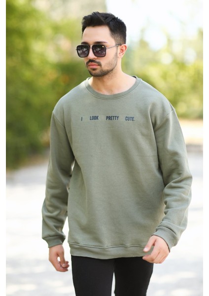 Erkek Oversize Sweatshirt Yeşil 3 Iplik Baskılı Bisiklet Yaka Ribanalı Pamuk Karışım - 10018