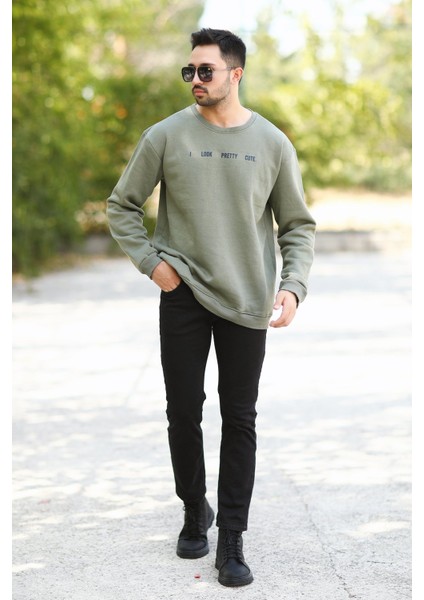 Erkek Oversize Sweatshirt Yeşil 3 Iplik Baskılı Bisiklet Yaka Ribanalı Pamuk Karışım - 10018
