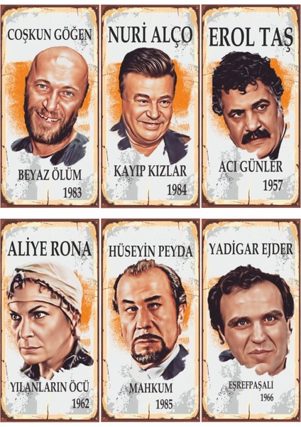 Yeşliçamın Kötüleri Coşkun Erol Taş Nuri Alço Aliye Rona 6lı Mini Retro Ahşap Poster
