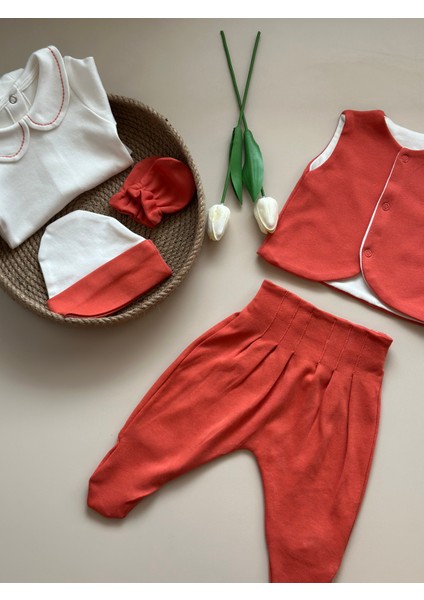 Yelekli Hastane Çıkışı Set - Kiremit / (Yelek, Pantolon, Body, Bere, Eldiven) modelleri