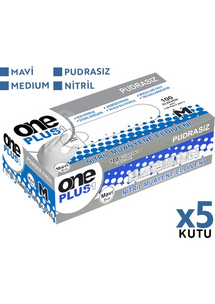One Plus Nitril Muayene Eldiveni 100'LÜ L Büyük Boy Mavi 5 Kutu fiyatları