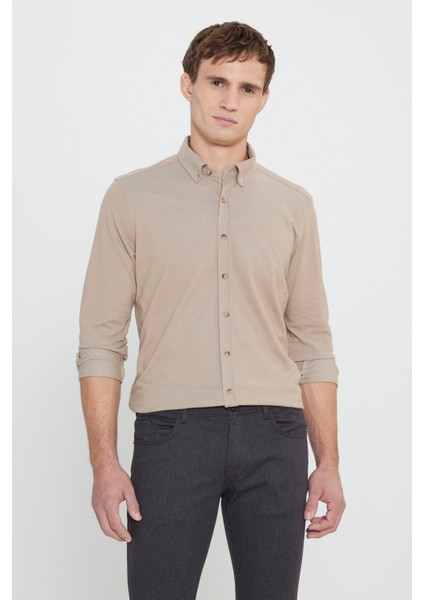 Pamuklu Örme Slim Fit Dar Kesim Düğmeli Yaka Gömlek