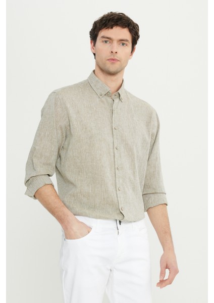Pamuklu Keten Comfort Fit Rahat Kesim Düğmeli Yaka Armürlü Gömlek
