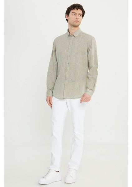 Pamuklu Keten Comfort Fit Rahat Kesim Düğmeli Yaka Armürlü Gömlek fiyatları