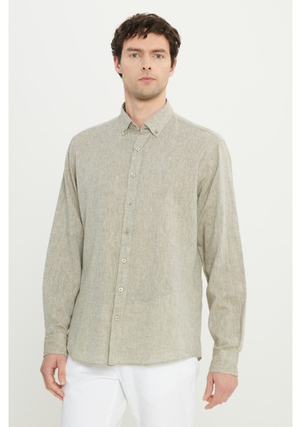 Pamuklu Keten Comfort Fit Rahat Kesim Düğmeli Yaka Armürlü Gömlek modelleri