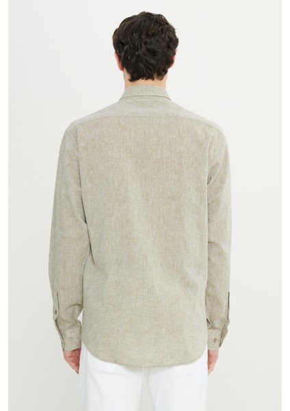 Pamuklu Keten Comfort Fit Rahat Kesim Düğmeli Yaka Armürlü Gömlek indirimleri