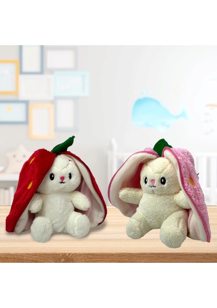 2 Adet Sevimli Çilek Tavşan Peluş Çantalı Hediyelik 50 cm Oyuncak