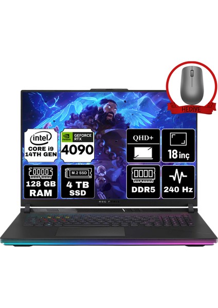 Rog Strıx Scar 18 Intel Core I9-14900HX 128GB 4tb SSD RTX4090/16GB 18" Qhd+ 240Hz Windows 11 Pro Taşınabilir Bilgisayar G834JYR-A96 & Anzar Mouse