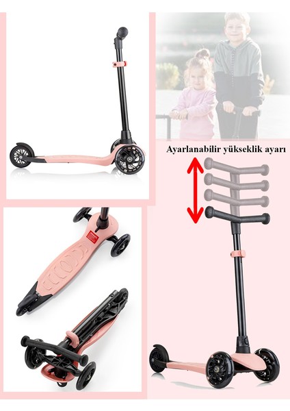 Çocuk Scooter 3 Tekerlekli Kaykay - 2-7 Yaş Dengeli ve Güvenli Sürüş Pudra