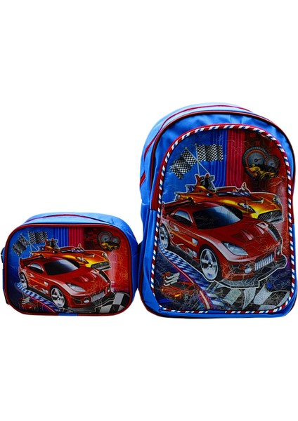 2 Bölmeli Yarış Arabası Okul Sırt Çantası ve Beslenme Çantası Mavi KOD:1309